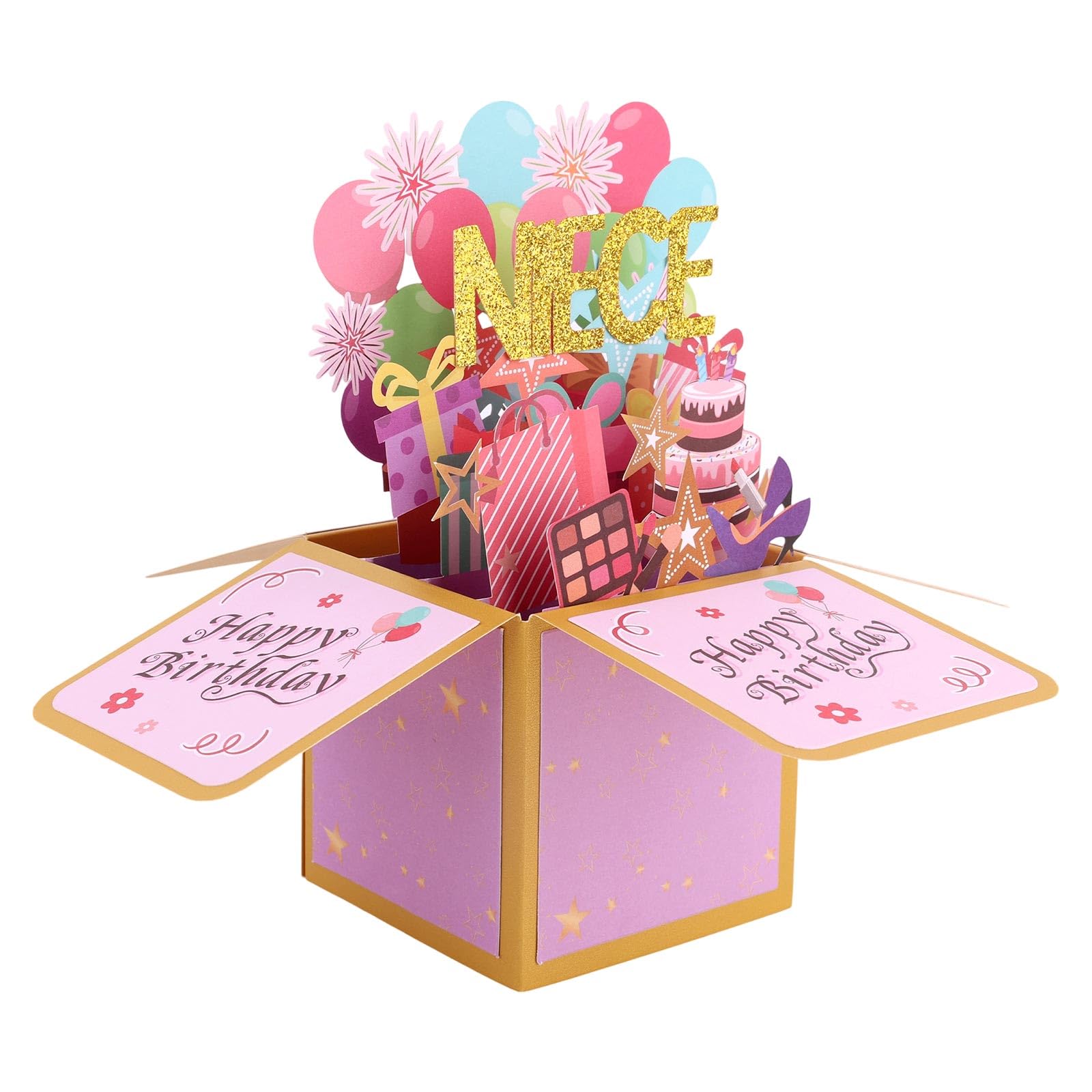 Happy Birthday Niece Pop Up Card, Colorful Balloons and Fireworks 3D Greeting Card with Envelope Creative Sweet Popup Gift Box for Niece Birthday
