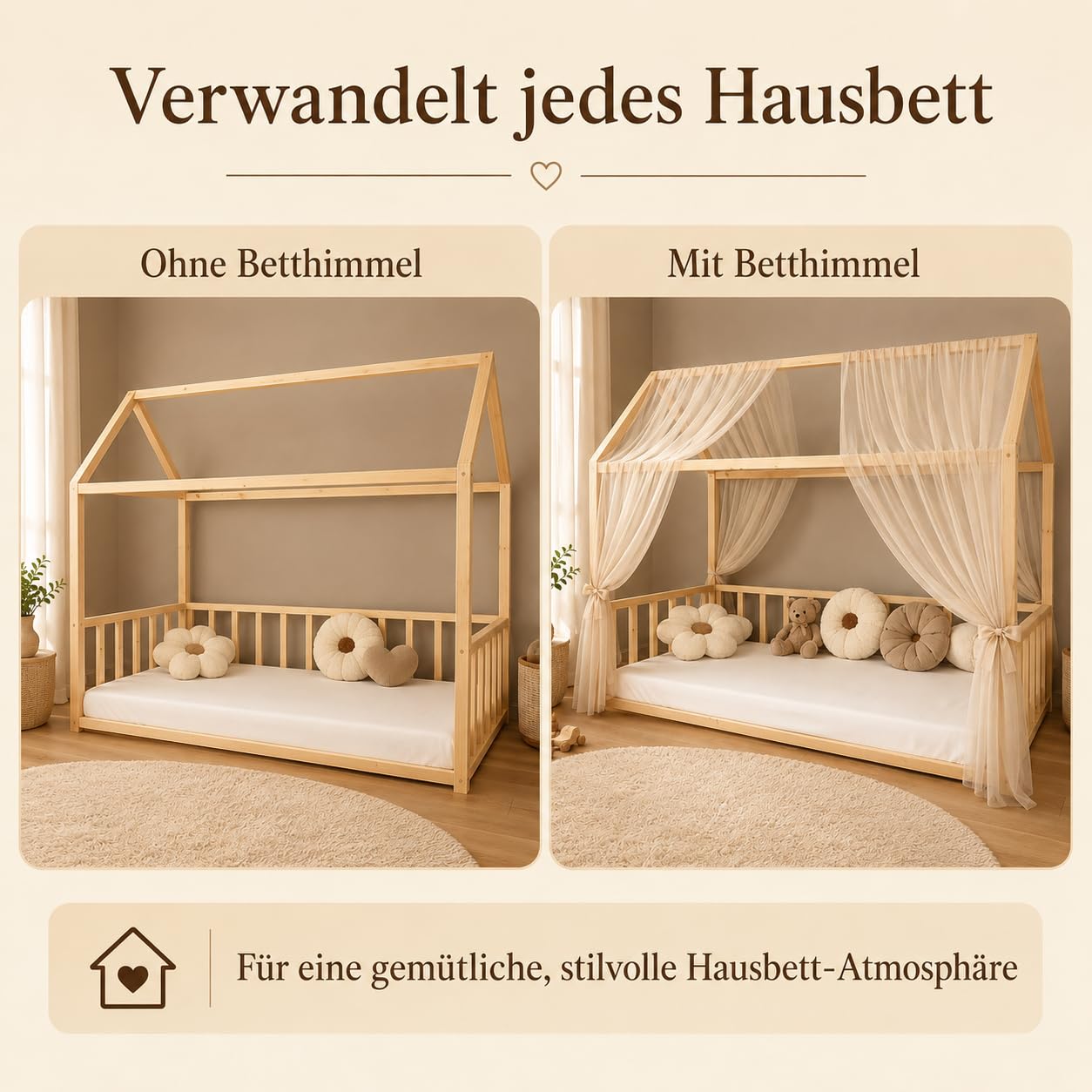 Baby Fancyroom Betthimmel für Hausbett Kinderbett, universell, Premium Tüll, 2-teilig, Hausbetthimmel, Bettvorhang (Beige, 340cm)