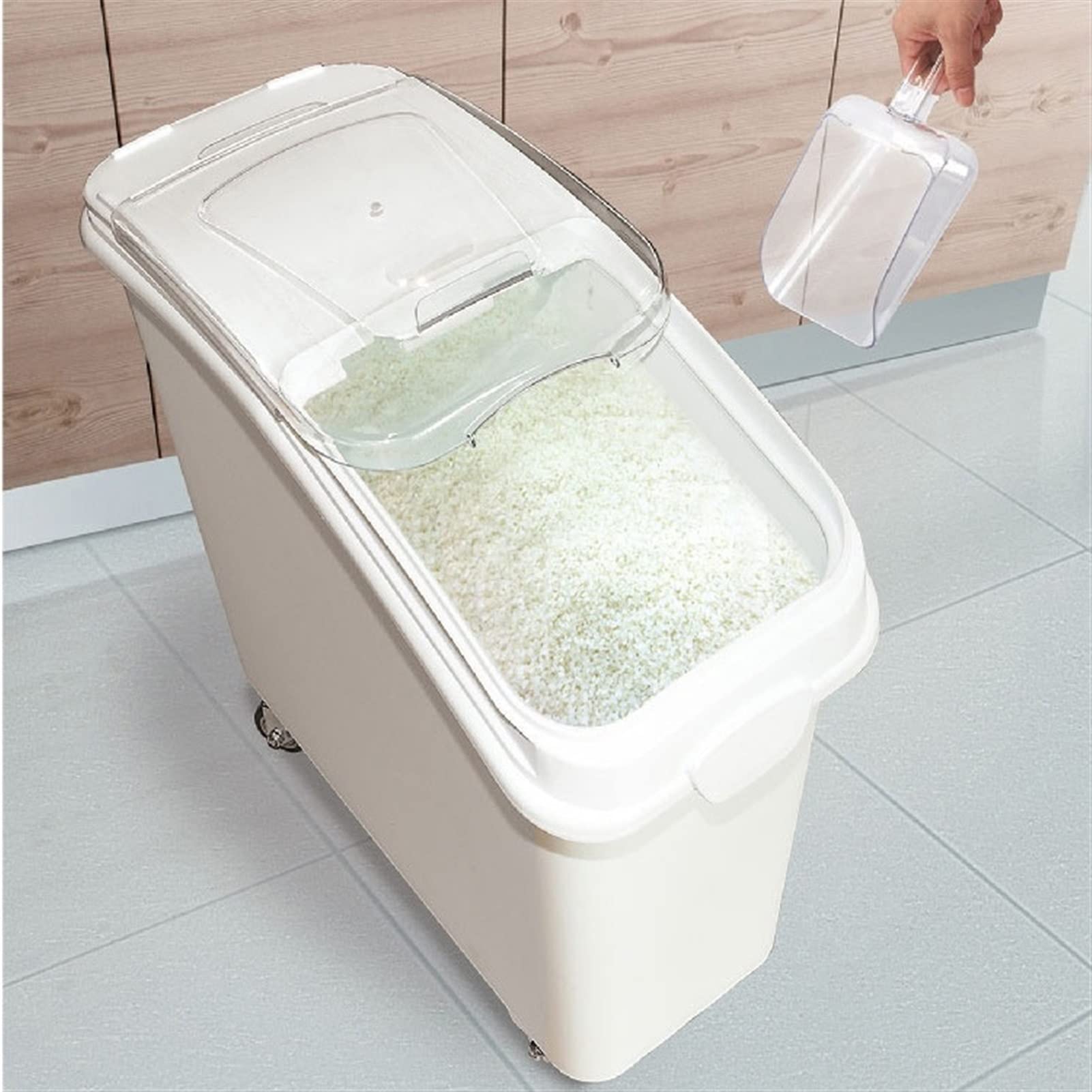 Contenitori per Alimenti Ermetici Sottile Di grandi dimensioni Contenitori per alimenti per cani con coperchi/ruote - Moderno A tenuta d'aria Robusto Riso / Semi di uccelli / Secchio per cereali, Bian