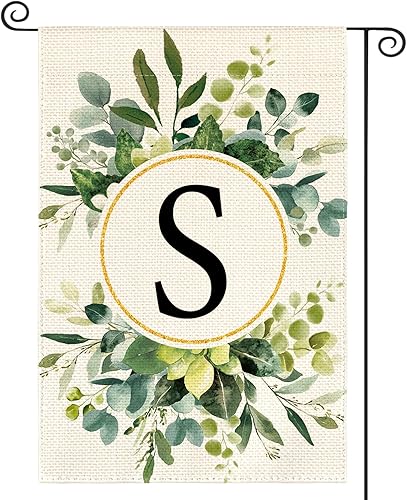 AVOIN colorlife Bandera de jardín floral con monograma de letra S, 12 x 18 pulgadas, doble cara exterior, apellido familiar, inicial, decoración