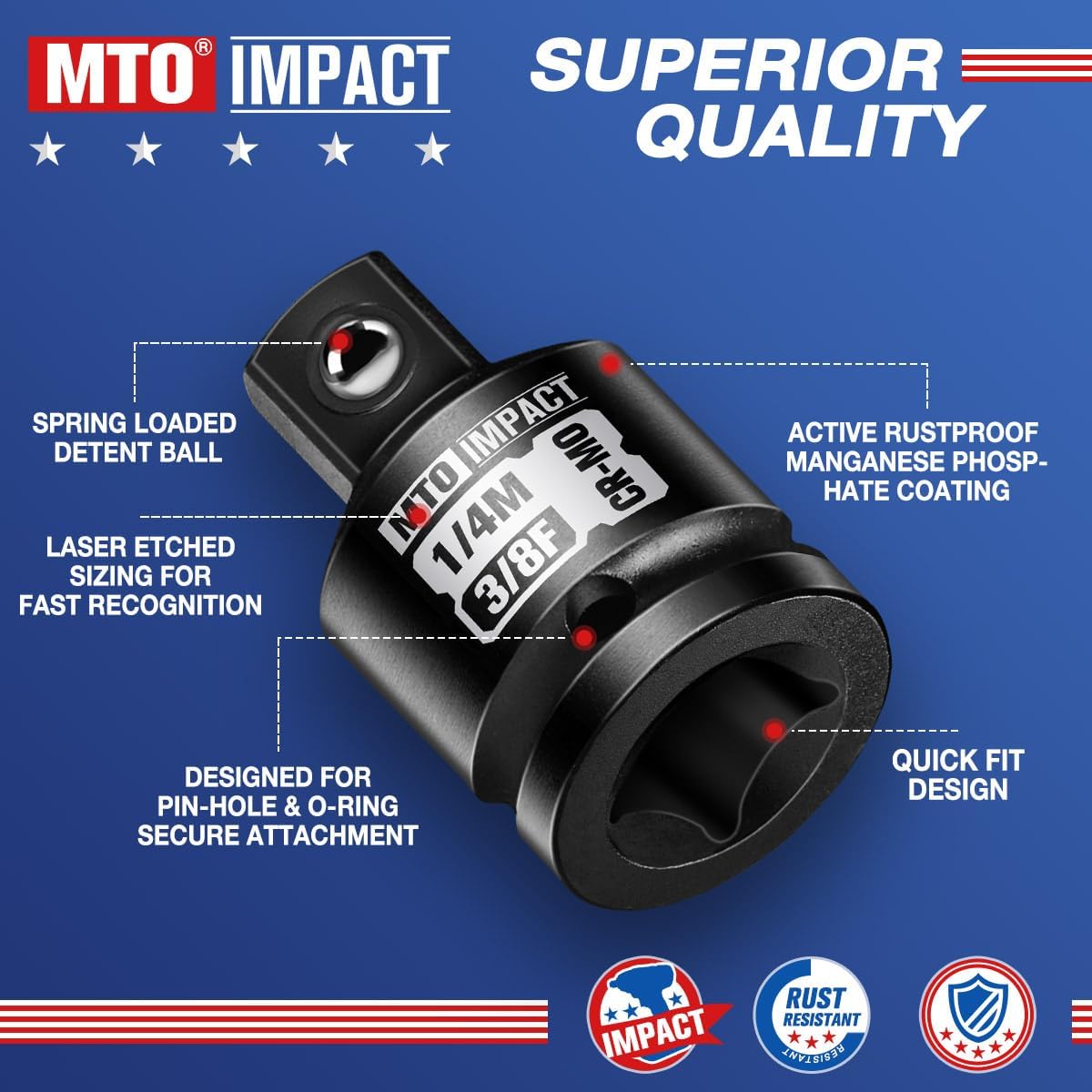 MTO 2-Piece 3/8" Female to 1/4" Male Impact Socket Adapter, 3/8-Inch Impact Socket Reducer, Chrome Molybdenum Alloy Steel, for Impact Wrench & Ratchet Use