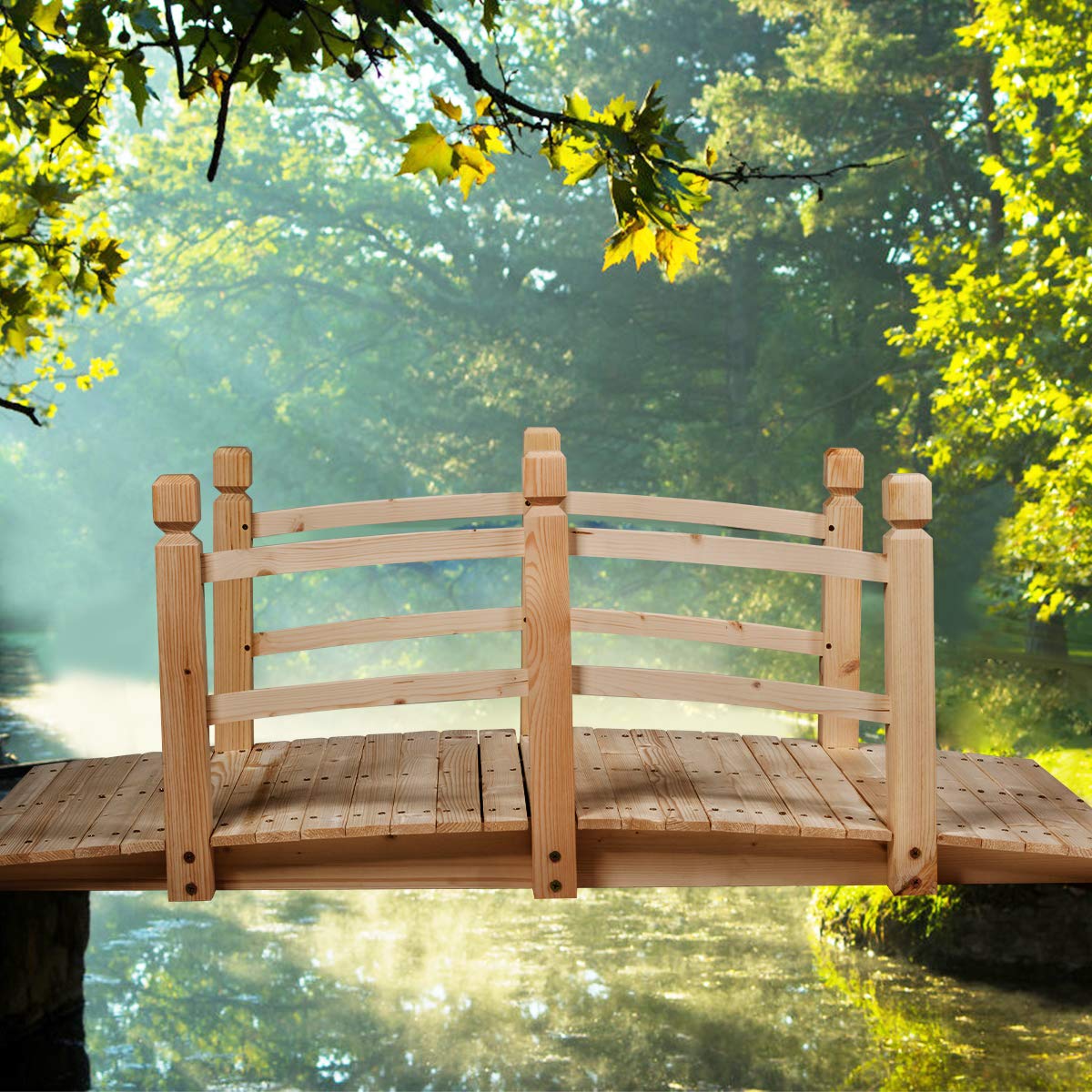 RELAX4LIFE Puente de Madera con Barandilla, Puente CE Jardín, Madera CE Abeto, Puente para Estanque, Carga 100 kg, Puente Decorativo Estable y Duradero, 150 x 67 x 55 cm (Natural)