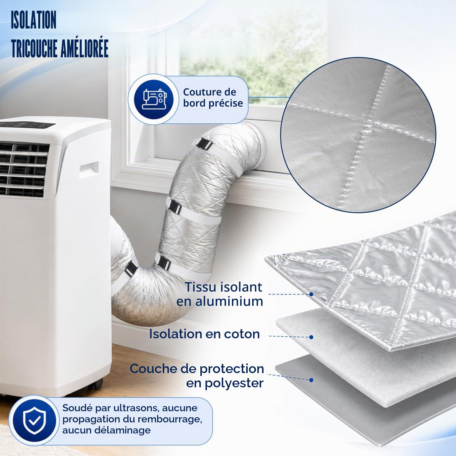 TUT Housse de protection pour climatiseurs portables avec cordon de serrage et 4 sangles de fixation réglables, 150 x 50 cm, isolation pour climatiseur