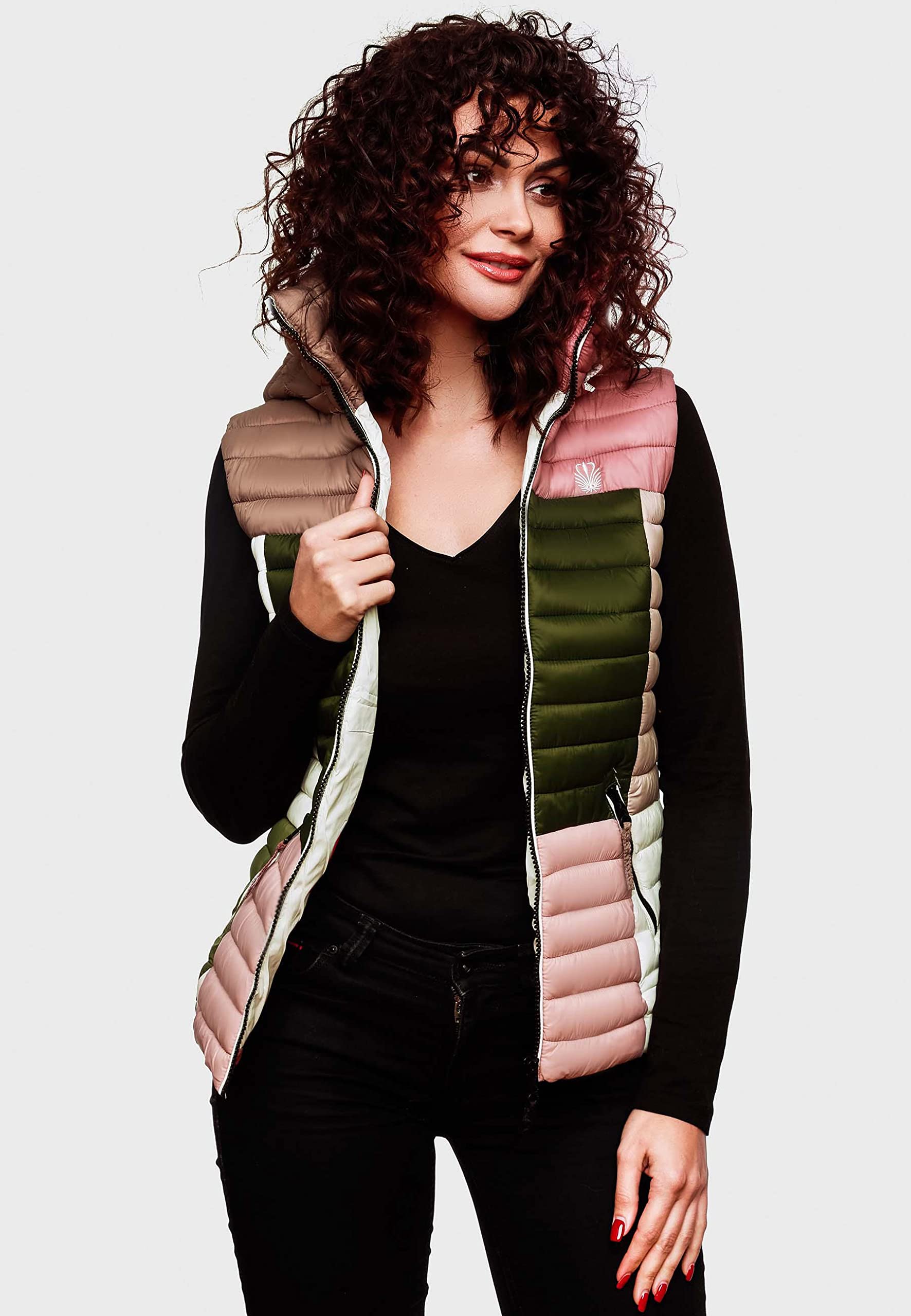 Navahoo Damen Steppweste leicht mit Abnehmbarer Kapuze Colourblocking-Stil Shadaa Multikulti XS-3XL
