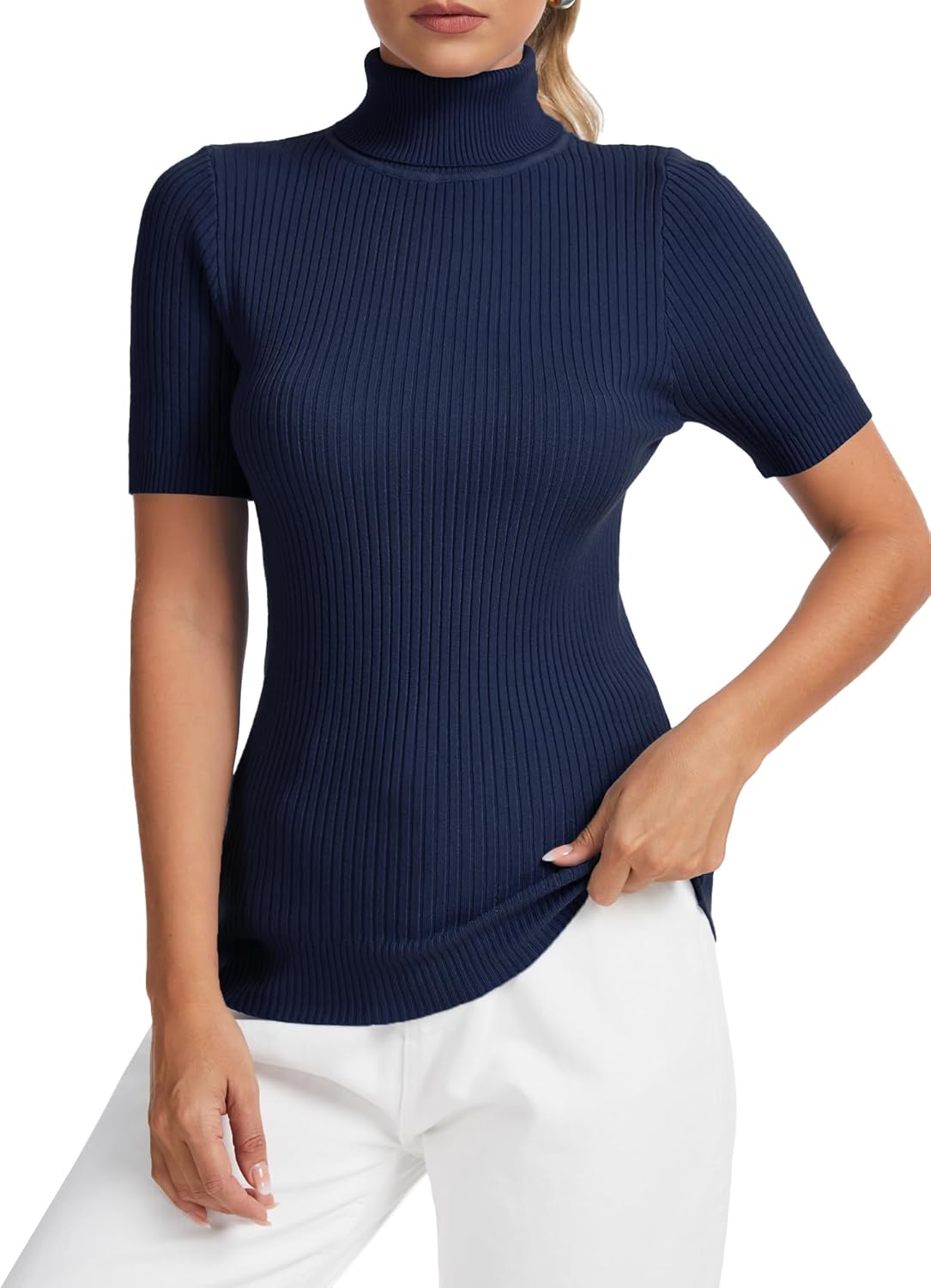 Navy Womens Short Sleeve Sweater Mock Neck Casual Top Turtleneck Slim Fit Pullover Lightweight Spring Summer Shirts M - Image 3