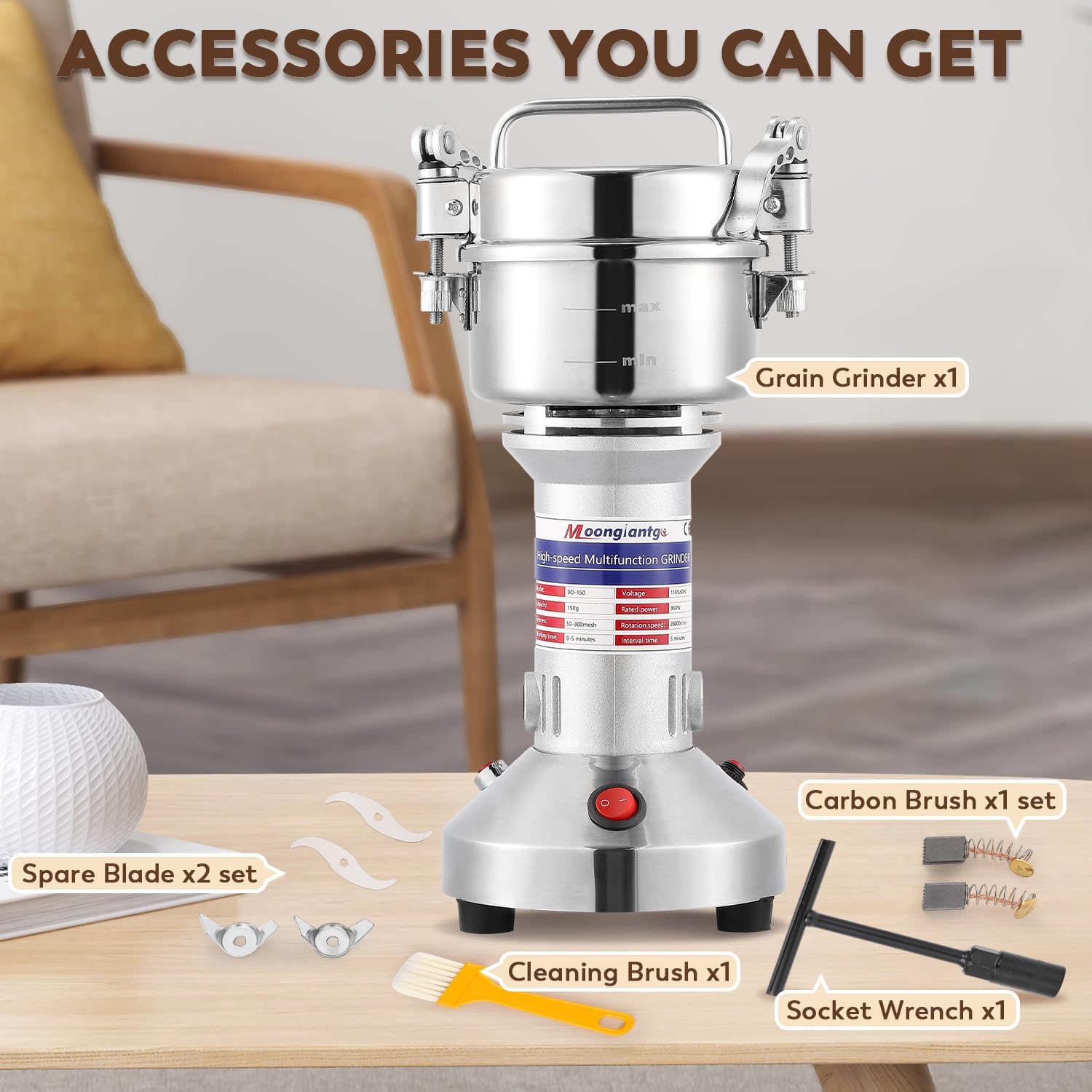 Moongiantgo Electric Grain Grinder 150g with 4 Pairs of Carbon Brushes and Carbon Brush Caps