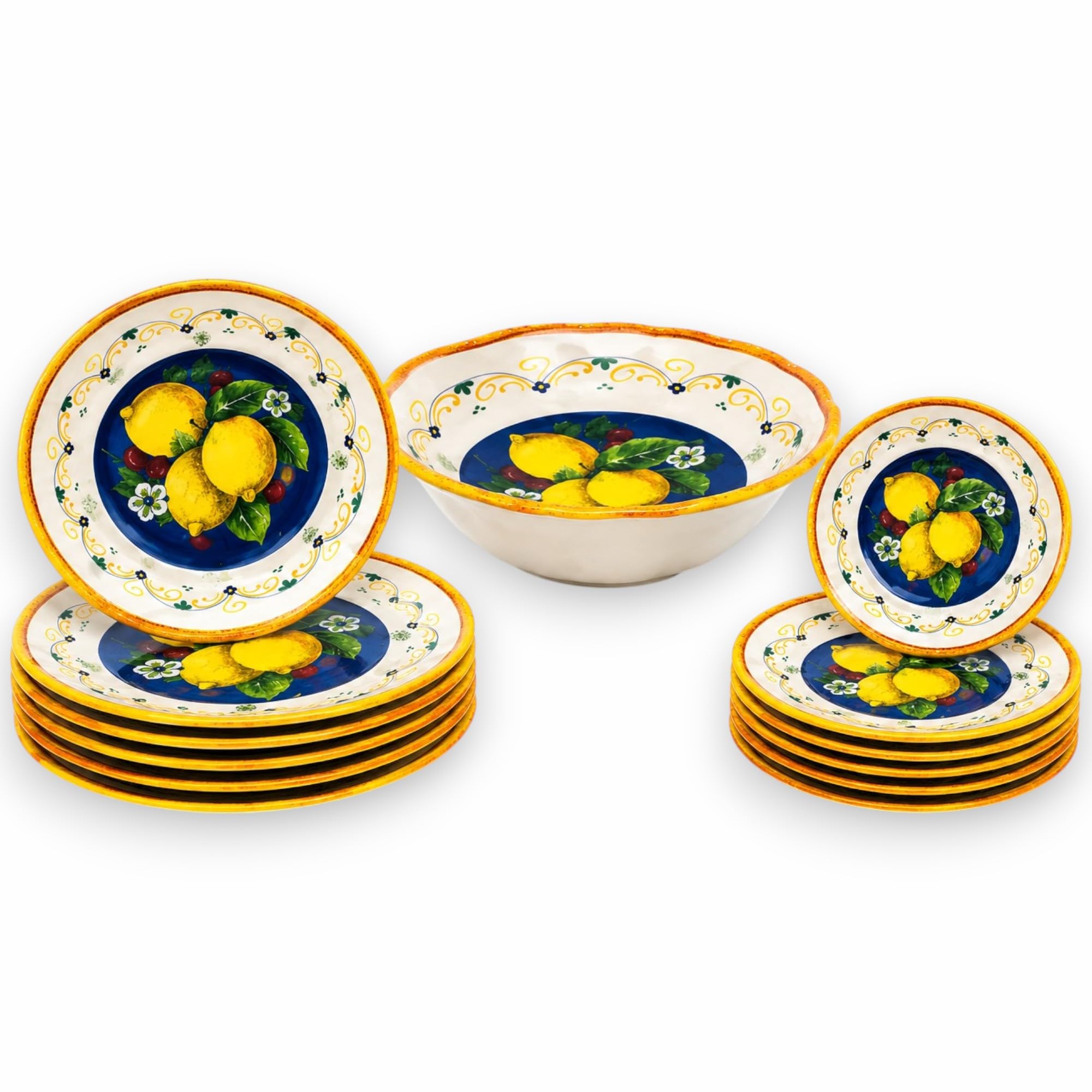 KORAT - Set Piatti in Melamina 13 Pezzi Fantasia Limoni Mediterranei, Servizio Tavola per 6 Persone con 6 Piatti Piani 28 cm, 6 Piatti Dessert 22 cm e Insalatiera 30 cm, Leggeri e Resistenti