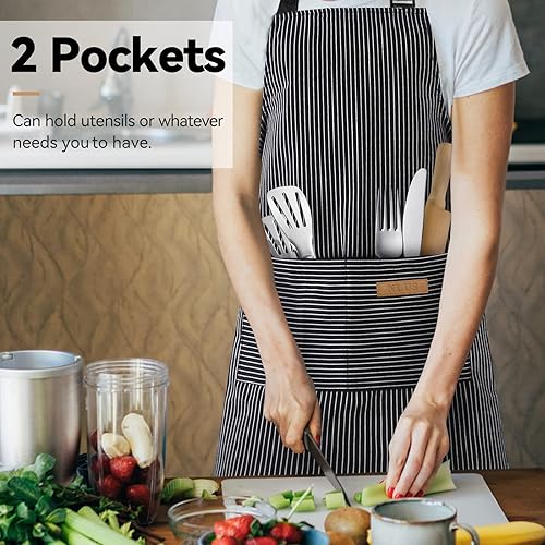 Miniatura 6 de NLUS Paquete de 2 delantales de cocina de cocina, delantal de chef ajustable suave con 2 bolsillos para hombres y mujeres (rayas negras)