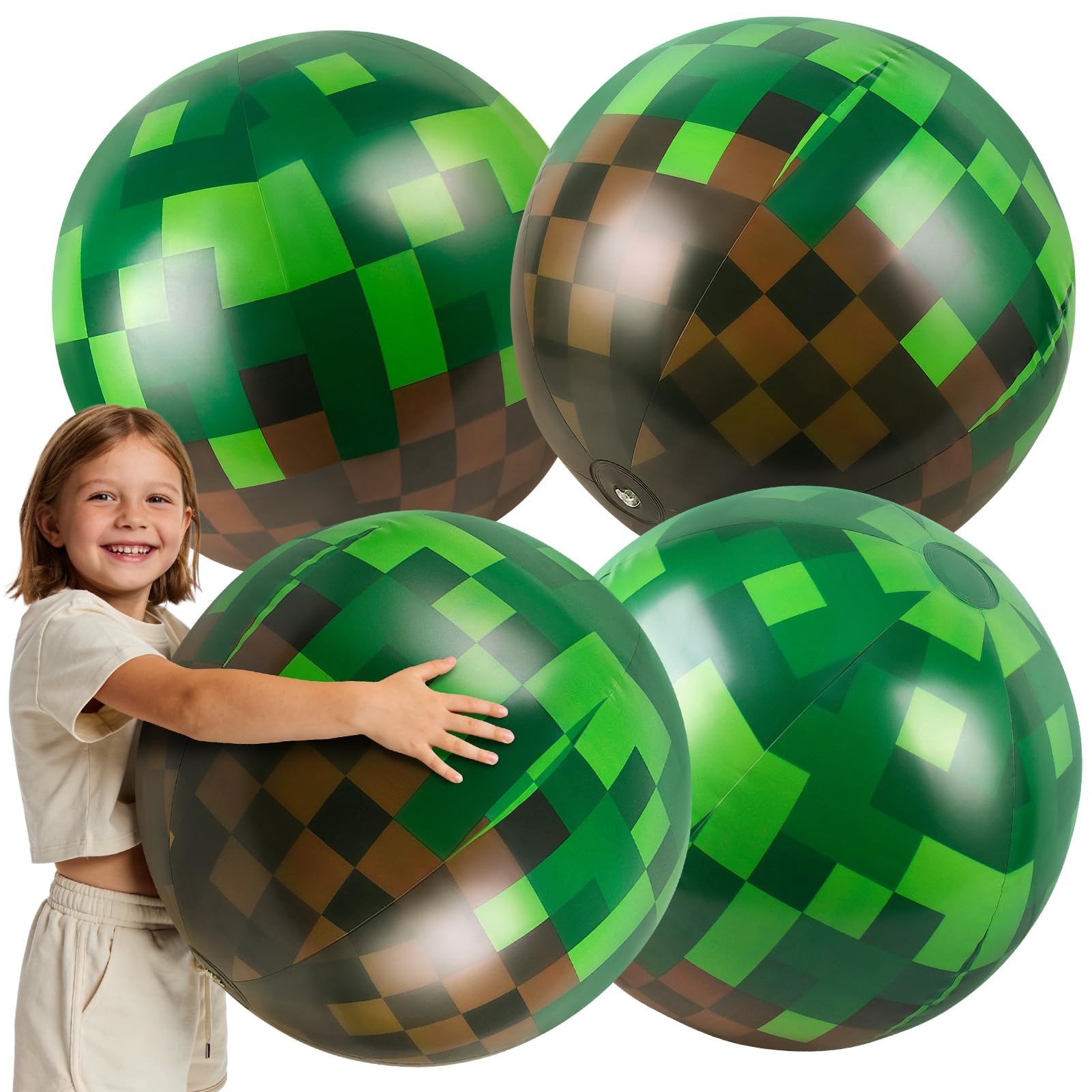 ZSMKJIAYE 4 Pack 20-Inch Diameter Pixel Themed Beach Balls - Large Green and Brown Pixel Inflatable Beach Balls for Birthday Party Decorations, Summer Pool and Beach Game, and Bulk Party Favors