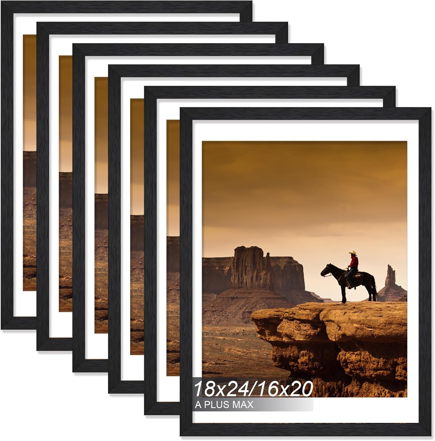 A PLUS MAX 18x24 Picture Frame Set of 6, Engineered Wood Frame Display Photo 16x20 with Mat or 18 x 24 without Mat, 18by24 Frame with Black Wood Grain for Wall - 6 Pack/Black/18 x24 6 18x24