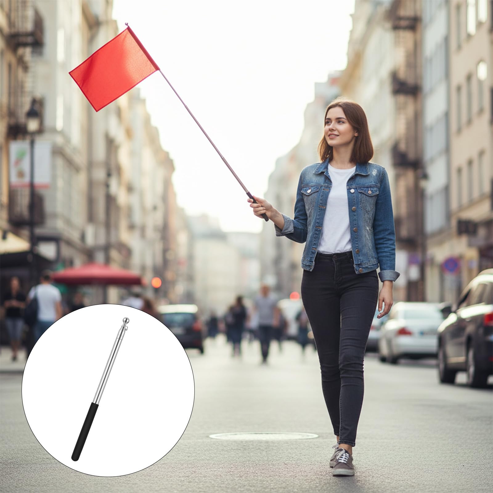 Teleskopowy drążek na flagę, długość 1,6 m, kij teleskopowy z hakiem, przewodnik turystyczny, czarny, stal nierdzewna, ręczny drążek na flagę, z uchwytem, dla kierowników, instruktorów jazdy konnej, 2