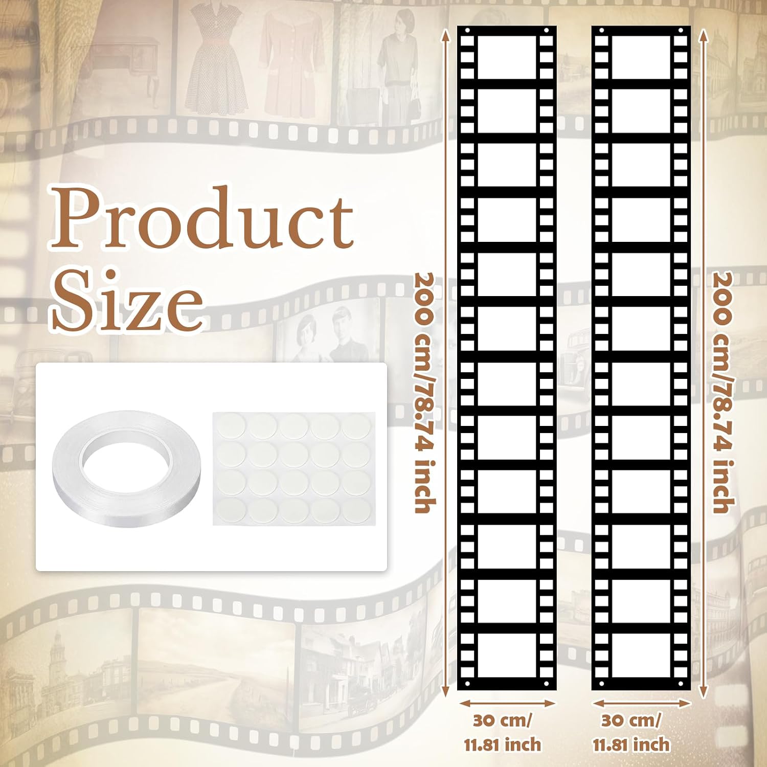 SmoothNovelty 2 Pcs 78"x12" Filmstrip Tape Banners Movie Themed Party Decorations Black and White Film Reel Porch Sign Fabric Movie Night Prop Backdrop Home Theater Decor with Hanging Rope Glue Point