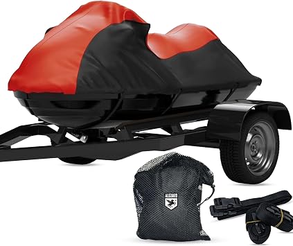 Weatherproof Max Jet Ski Cover, Heavy Duty 600D Marine Grade Polyester, Protects from Rain, Sun, UV & More - Red/Black Fits Jet Ski Length 125" - 135"