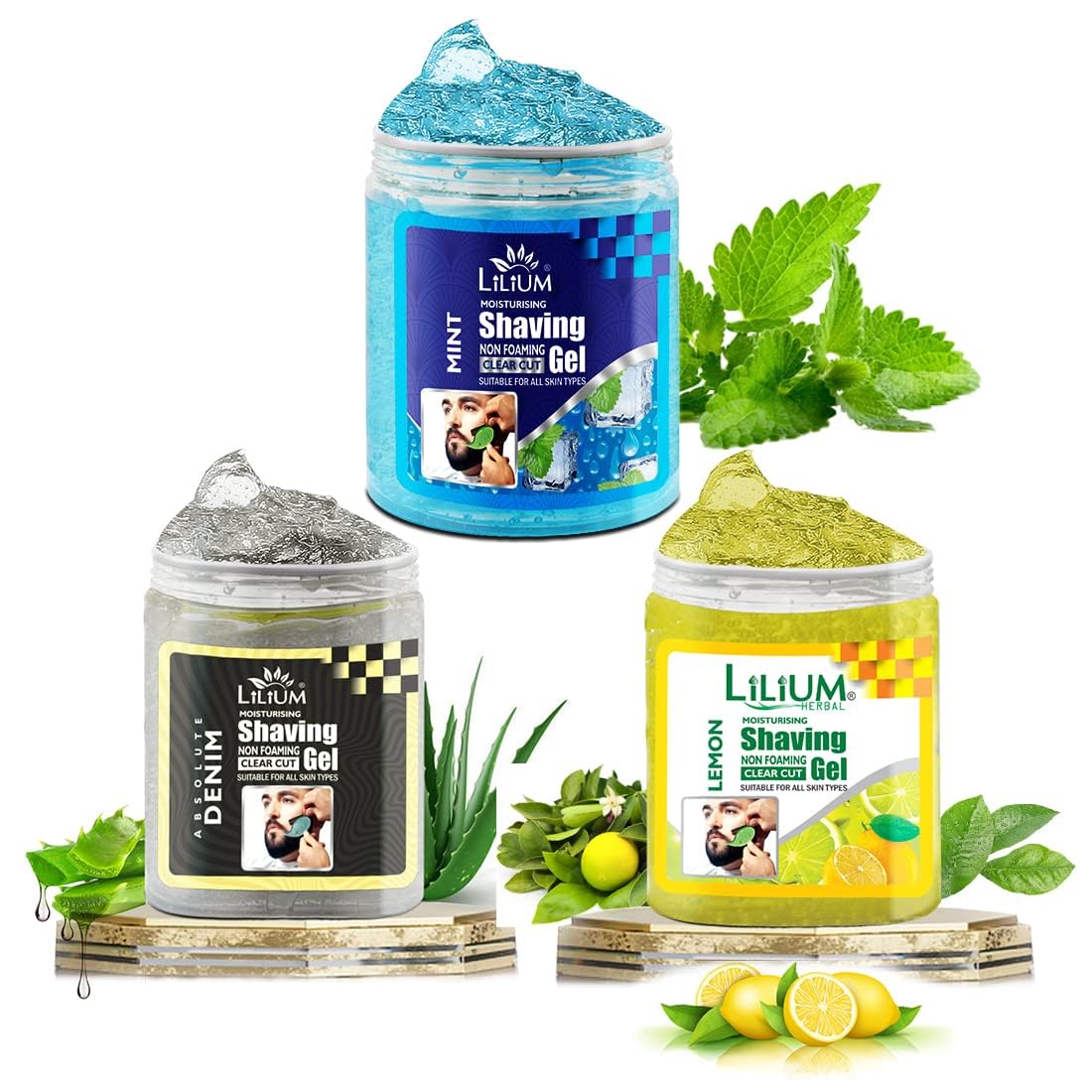 Lilium Moisturizing Non Foaming Shaving Gel | Absolute Denim, Mint & Lemon, Pack of 3, 500ml Each | Cooling Sensation & Clear Cut | Free From Harsh Chemicals | Suitable For All Skin Type Lilium Moisturizing Non Foaming Shaving Gel | Absolute Denim, Mint & Lemon, Pack of 3, 500ml Each | Cooling Sensation & Clear Cut | Free From Harsh Chemicals | Suitable For All Skin Type
