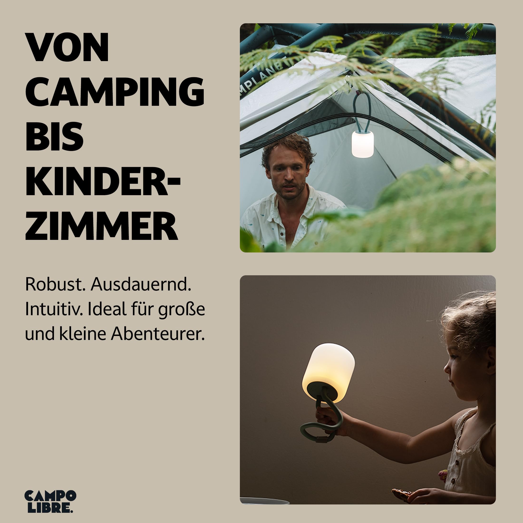 Campo Libre.® LENI I Campinglampe I flexible Outdoorlampe zum Aufhängen, Hinstellen und Montieren I dimmbare Campingleuchte I wiederaufladbar I Balkonlampe, Campinglicht, Tischlampe, Rechteckig Moos