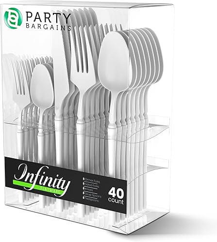 Miniatura 1 de Party Bargains Juego de cubiertos blancos de plástico desechable, utensilios de diseño moderno infinito, paquete de 40 16 tenedores, 8 cuchillos, 16