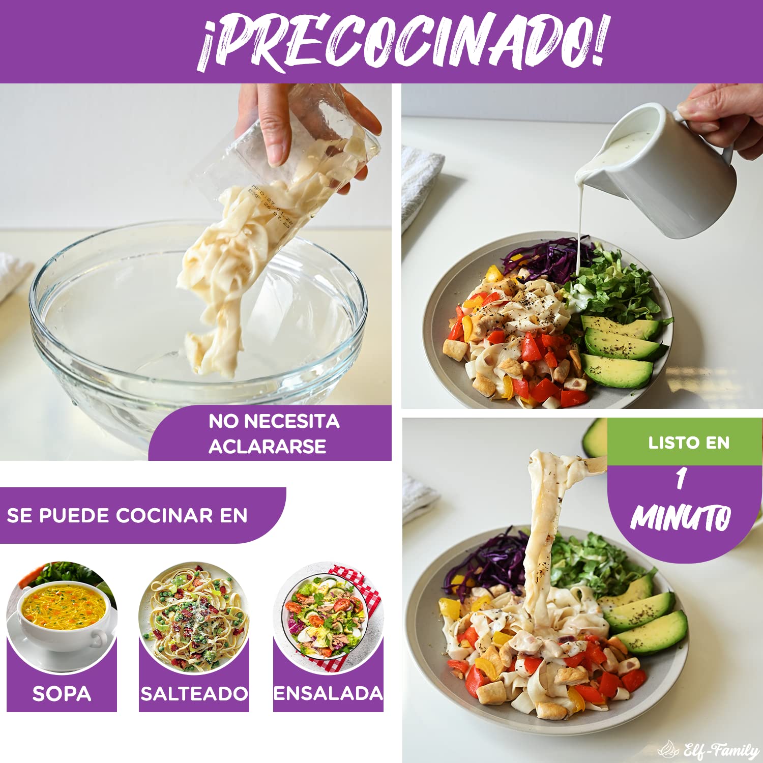 Pasta Konjac Keto de Tailandia Bajo en Carbohidratos/Vegano/Sin Gluten 240 g x 1 cajas(2 paquetes), Elf-family Fideos Konjac Noodles Shirataki Noodles/Sin azúcar/Bajo en Calorías - Fettuccine