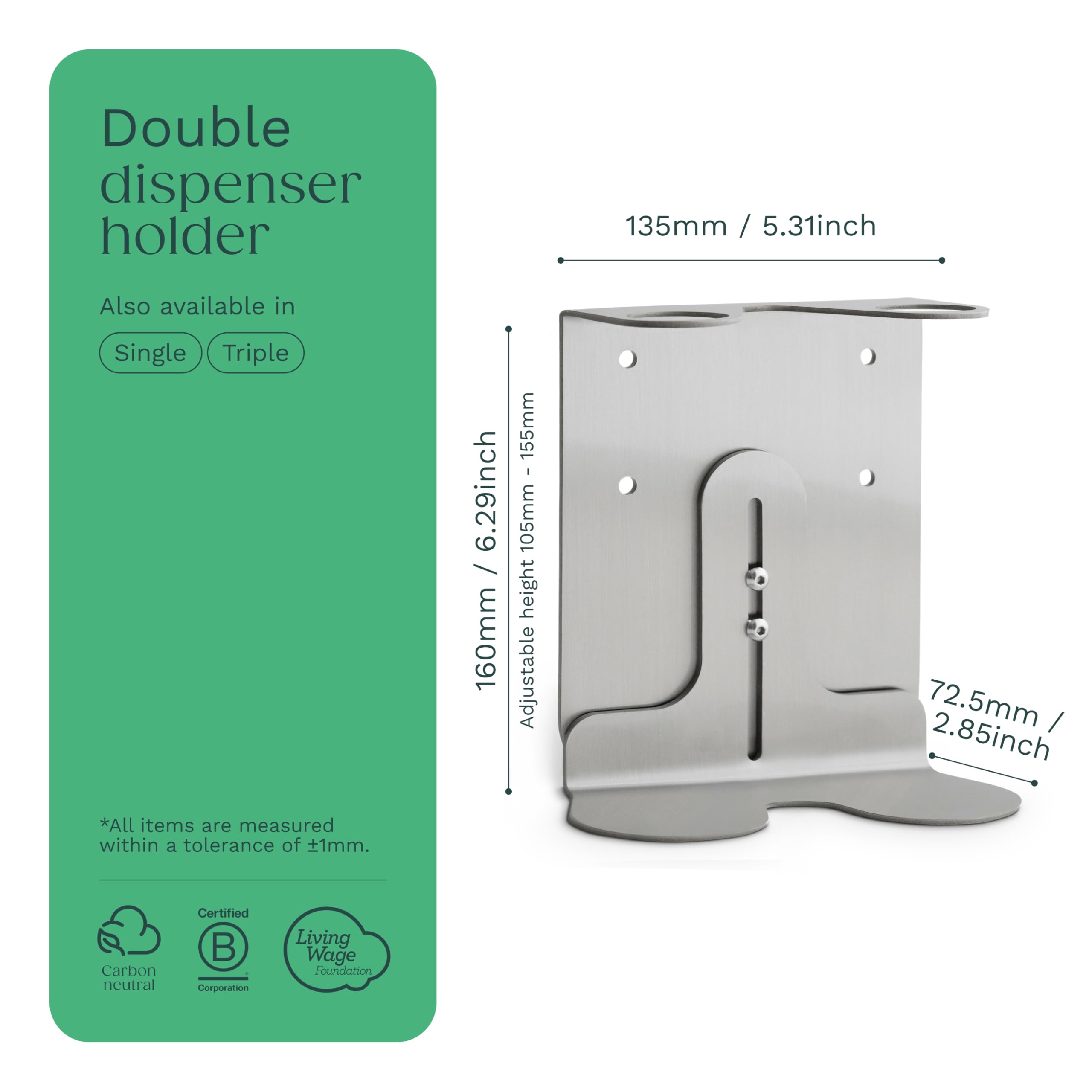 Kuishi Supporto doppio per dispenser di sapone a parete in argento satinato, supporto per flaconi di sapone da 250-500ml, dispenser di sapone a parete, resistente alla corrosione, flaconi non inclusi
