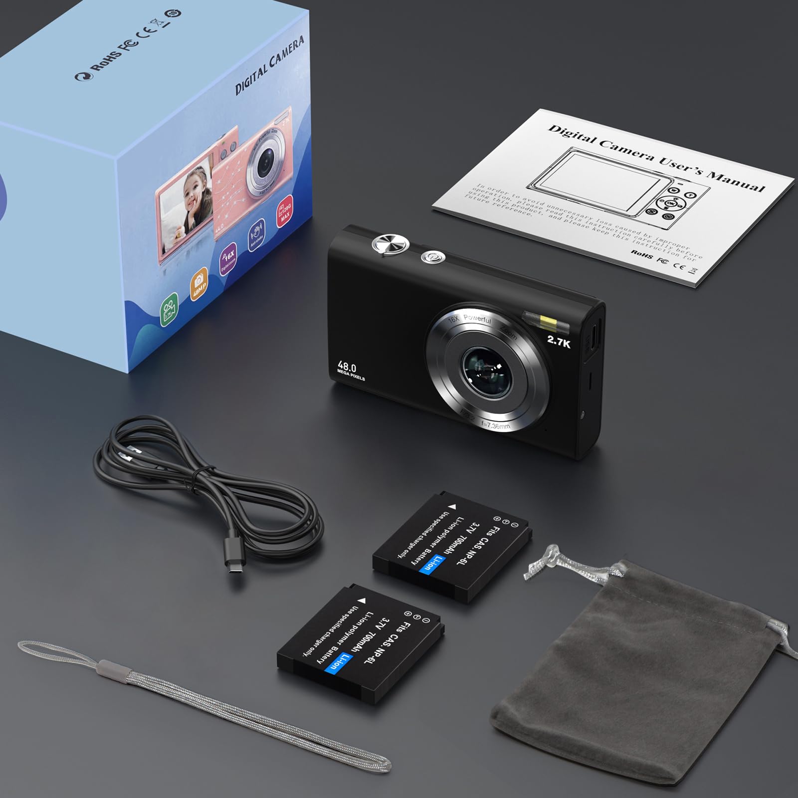 Macchina Fotografica Digitale Fotocamera Compatte, 48M 2.7K HD Fotocamera con Zoom Digitale 16X, Ricaricabile Macchina Fotografica per adolescenti, adulti, principianti（Nero）
