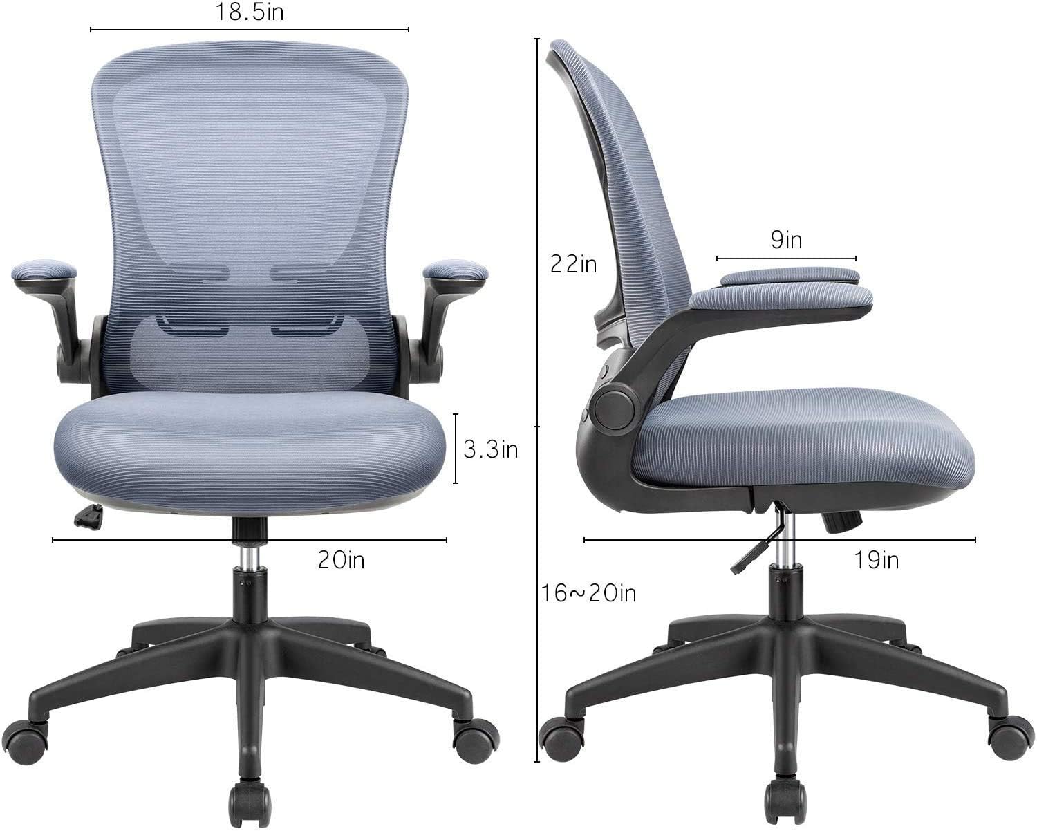 KaiMeng Office Task Desk Chair Mid High Back Mesh Swivel Ergonomic Home Chairs with Flip-up Arms and Adjustable Height, Grey