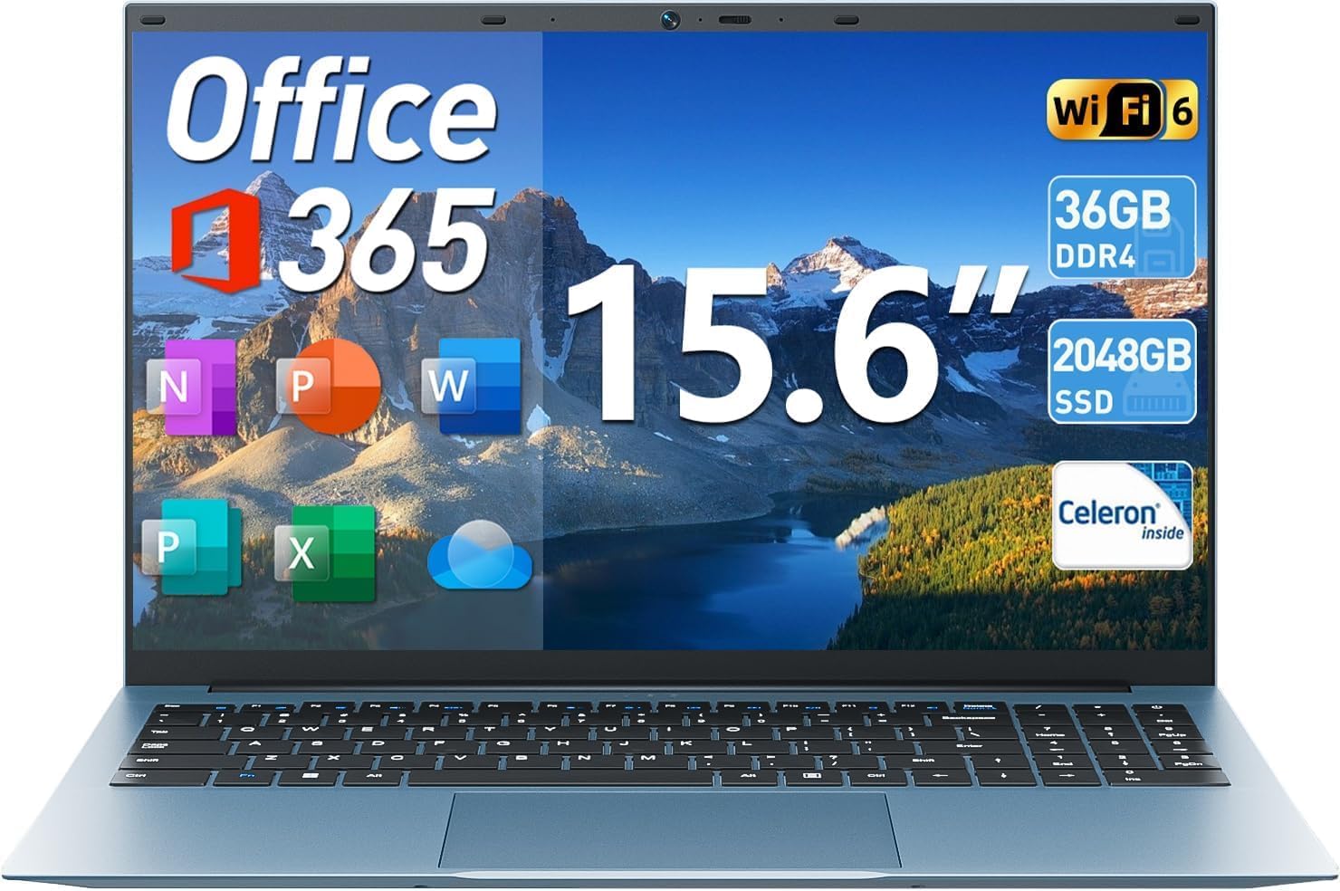 15.6 Inch Laptops, Windows 11 Laptop Computers with 36GB RAM 128GB EMMC+2048GB SSD, Celeron N5095 Quad-Core, 1 Year Office 365, 180° Viewing, WiFi 6, USB 3.2 * 3, HDMI, Type-C, 7000mAh
