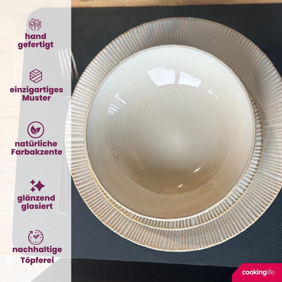 Cookinglife Geschirrset Coastal Lines Ocean Beige, 18-teilig für 6 Personen, Steingut, spülmaschinen- und mikrowellengeeignet