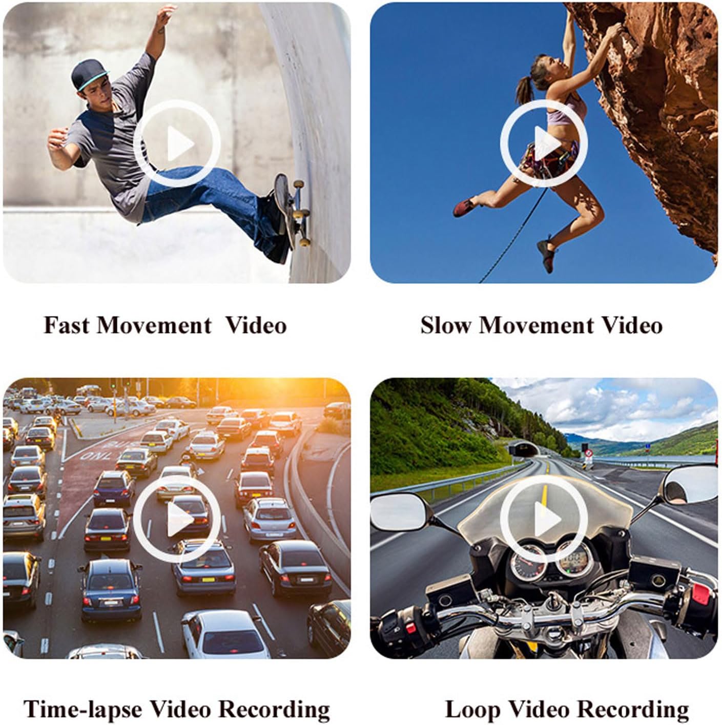 Four panels showing different video recording modes: Fast Movement, Slow Movement, Time-lapse, and Loop Recording