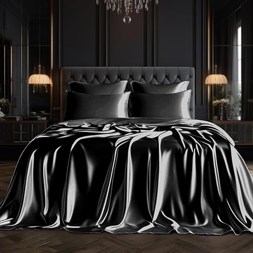 Miniatura 8 de HENGWEI Sábanas de satén de tamaño individual, sábanas refrescantes sedosas, sábanas de satén suaves de lujo, sin arrugas, resistentes a las