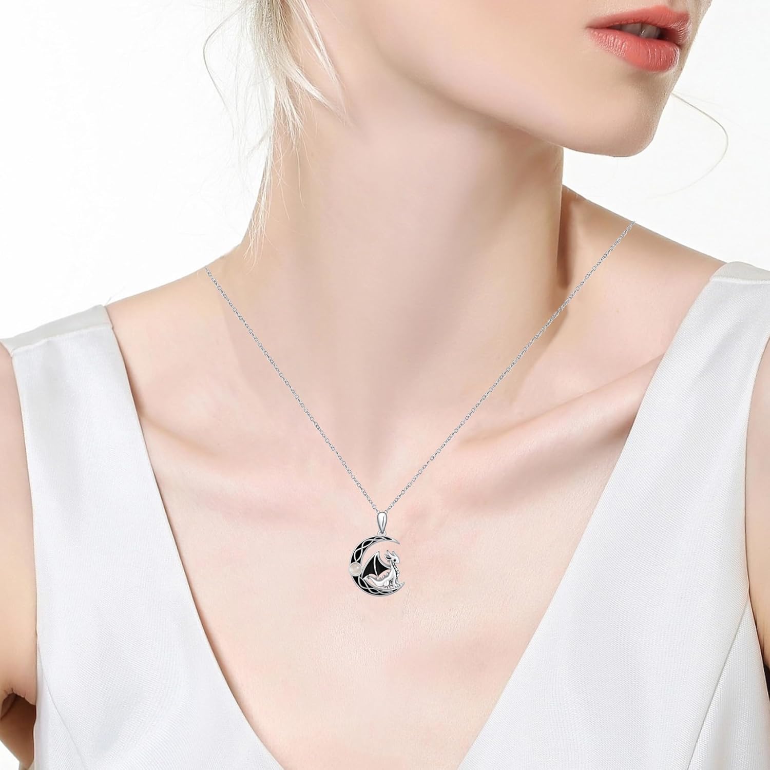 Dragon Necklace for Women Music Moonstone Crescent Moon Necklace Sterling Silver Dragon Pendant Music Note Necklace Dragon Jewelry Music Note Gifts Treble Clef Necklace Music Lover Gifts for Women - Image 4