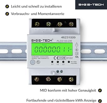 Electricity Meter [FLDS100-DR] for DIN Rail with Day Counter (Resettable) and Load Display Three-Current Meter 100A 3.9TE S0 Digitally LCD Illuminated (Green - M26)