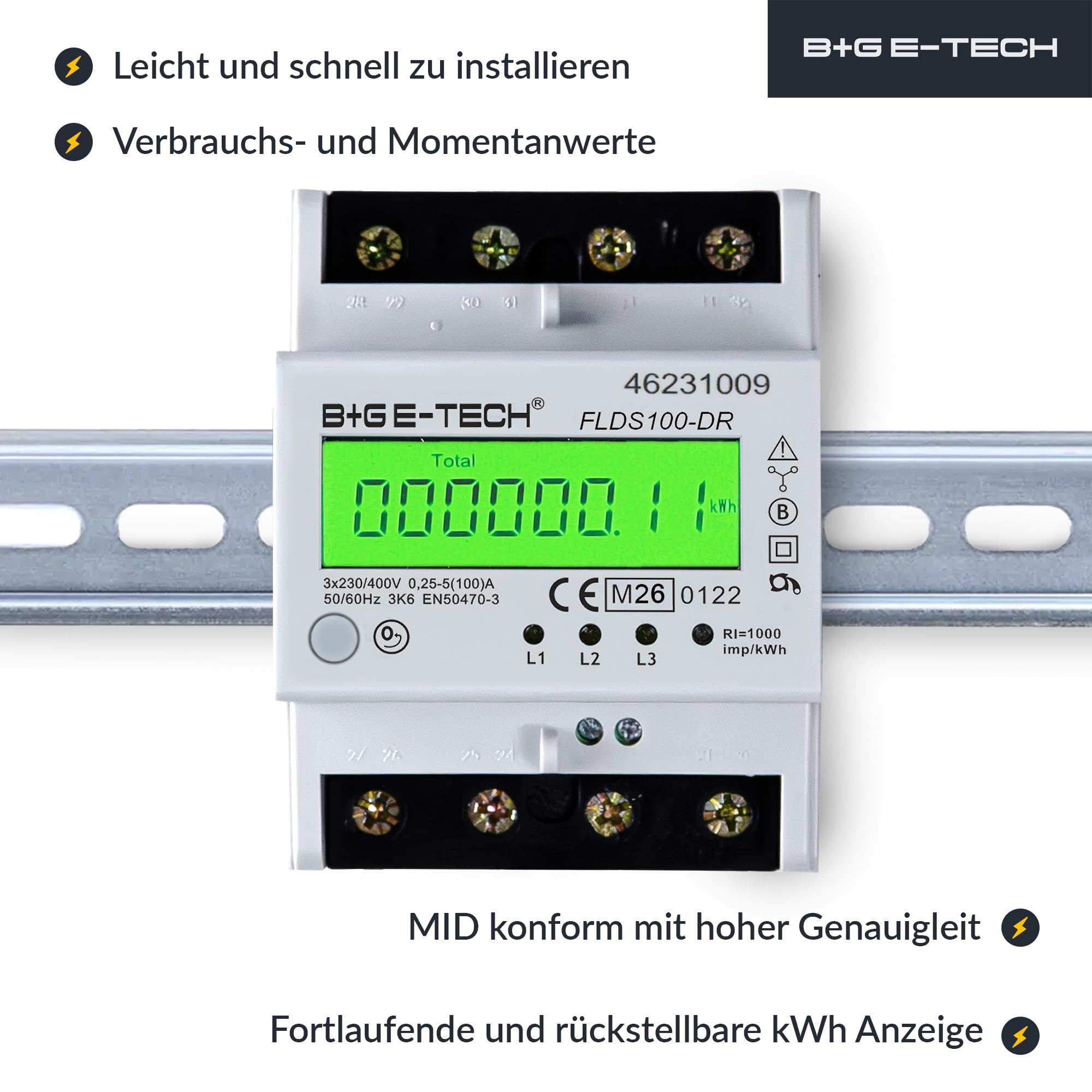 Stromzähler [FLDS100-DR] für Hutschiene mit Tageszählwerk (rückstellbar) und Lastanzeige, Drehstromzähler 100A, 3,9TE, S0, digital LCD beleuchtet (Grün - M26)