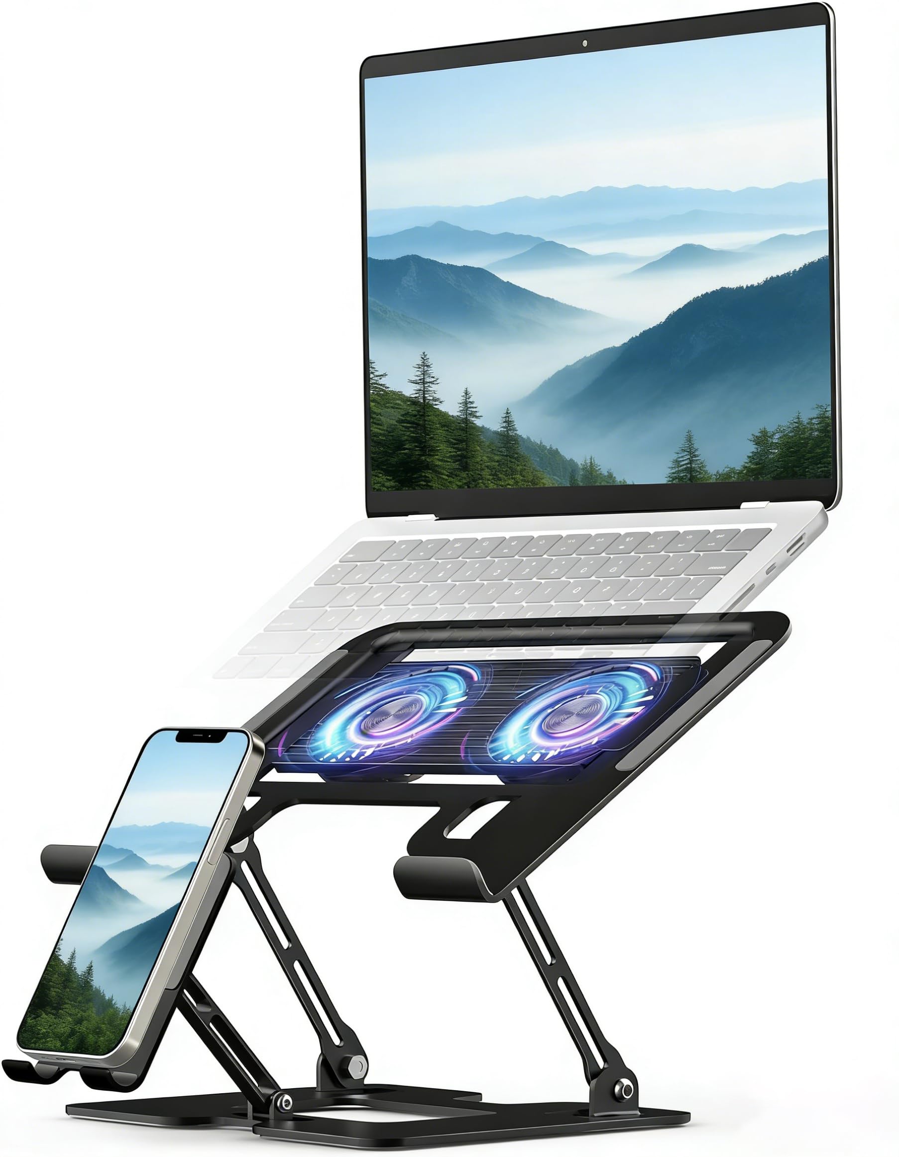 Supporto di raffreddamento 2 in 1 per laptop e telefono, con ventola silenziosa, altezza e angolo regolabili, in acciaio al carbonio, pieghevole, per computer portatili fino a 45,7 cm (nero)