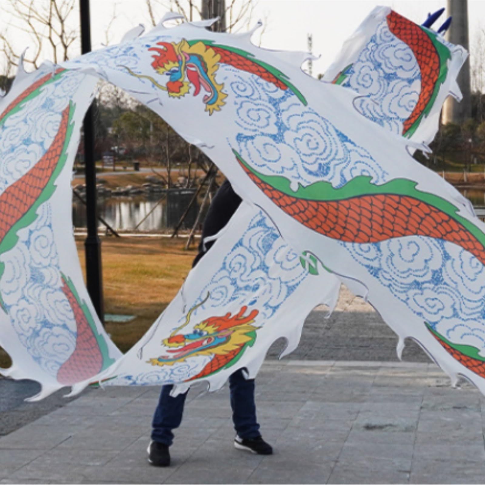 Drago Cinese per Feste Nastro da Danza del Drago in Tessuto di Seta for La con Testa in Fluida Che Agita E Lancia All'aperto Feste Cinesi in Italia(Blue,10 Meters)
