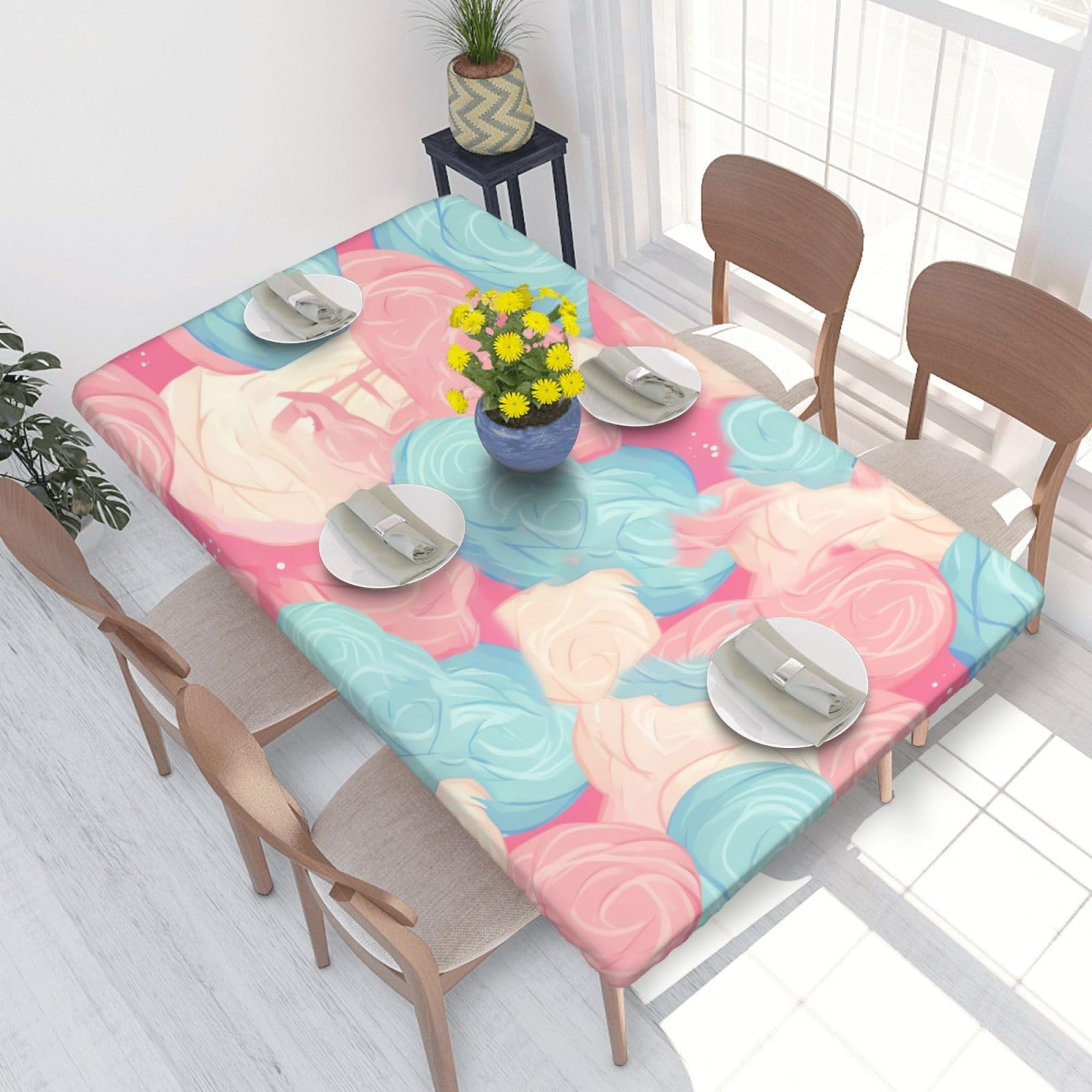 Cotton Candy Waterproof Square Table Cover Elastic Fitted Tablecloth Oil Proof Table Protector For 4ft Table