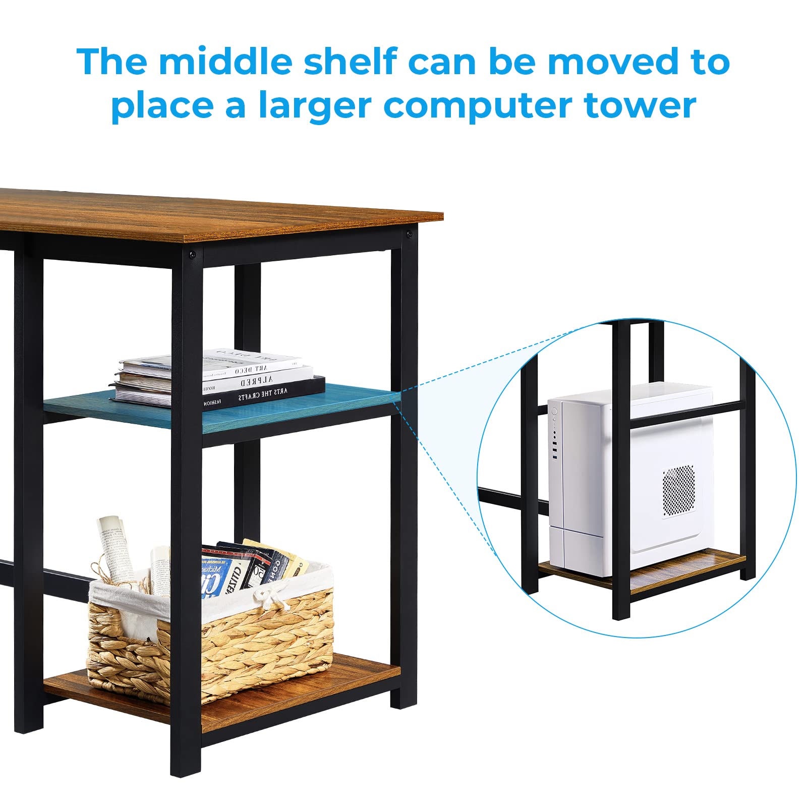 Home Office Computer Desk with Monitor Stand and Reversible Storage Shelves,47 inch Modern Writing PC Work Table,Easy Assembly,Walnut