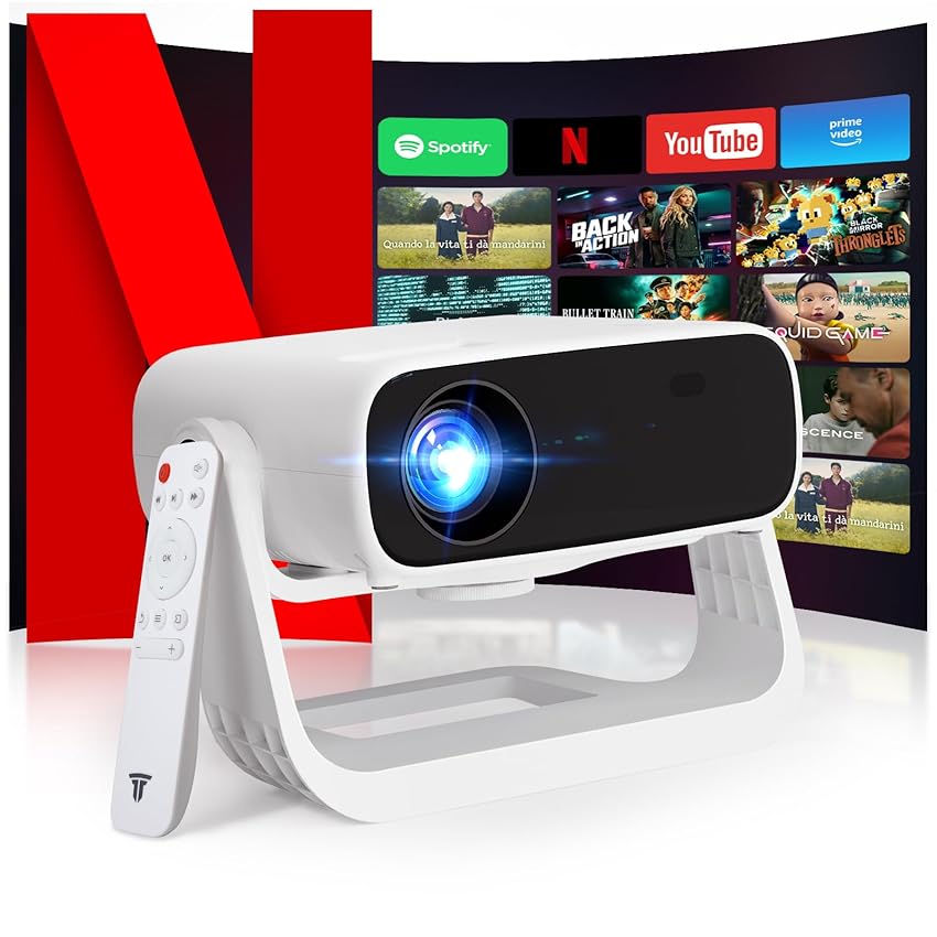 Proiettore intelligente Wielio Android 11, Supporto FHD 1080P 4K, WiFi6 & BT5.2, Basso Rumore (30 dB), Supporto Regolabile a 120°, Messa a Fuoco Elettronica, Correzione Trapezoidale per Switch/PS5