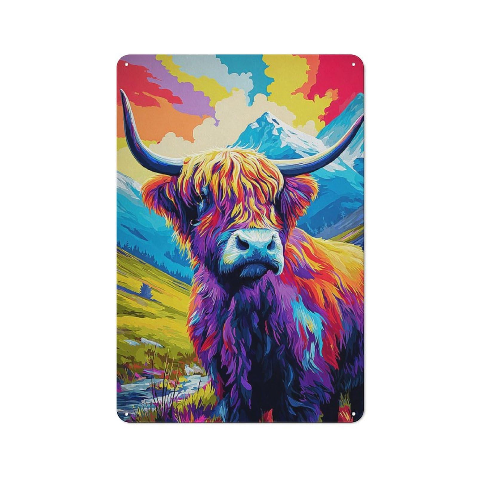 Colorful Highland Cow Landscape Cottage Metal Wall Decor 30x20cm, Shed Metal Sign for Conservatory, Home Bar Or Utility Room