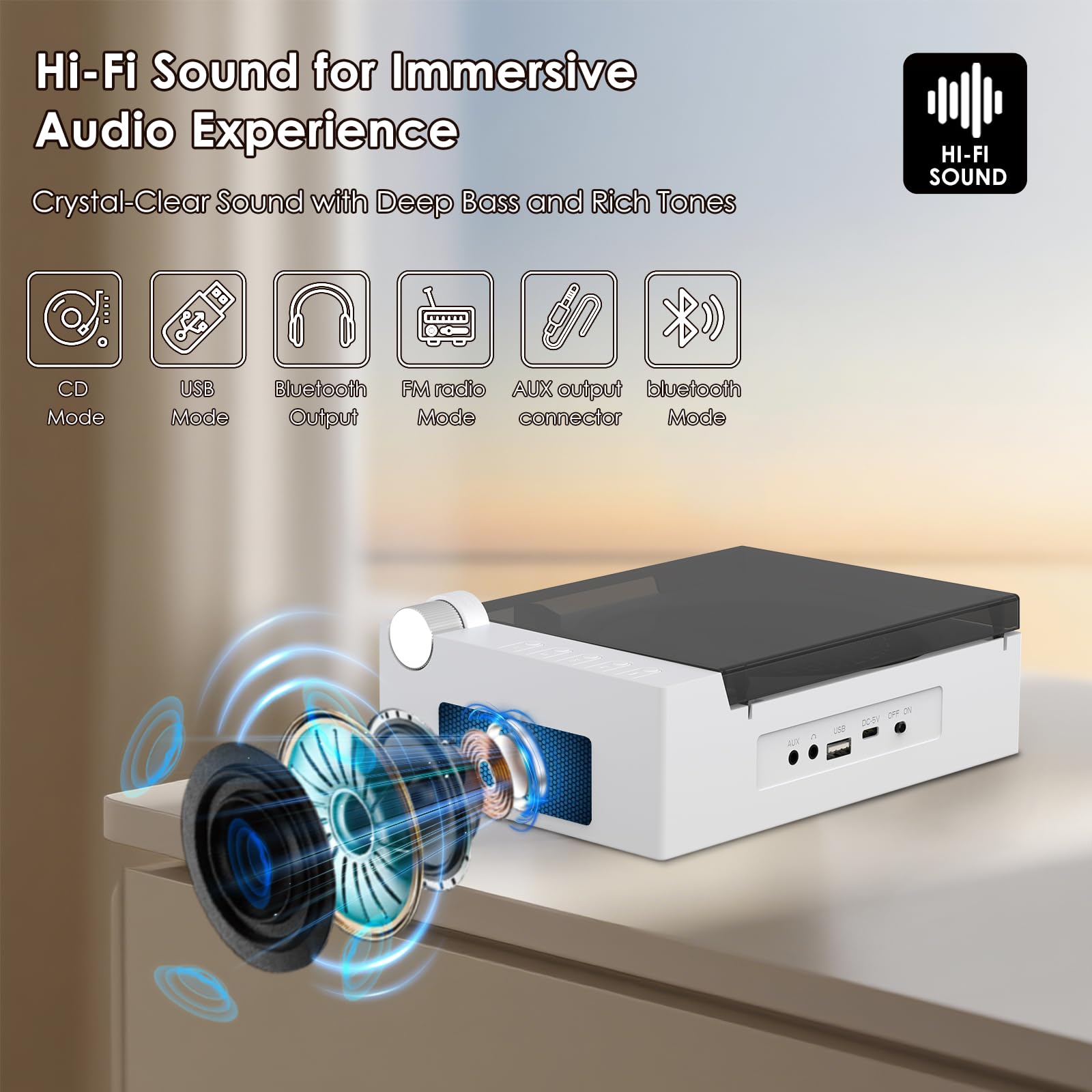 Przenośny odtwarzacz CD do domu z głośnikiem Hi-Fi, nadajnik i odbiornik Bluetooth, timer, wyświetlacz LED, wbudowane podwójne głośniki, obsługa USB/AUX (biały)