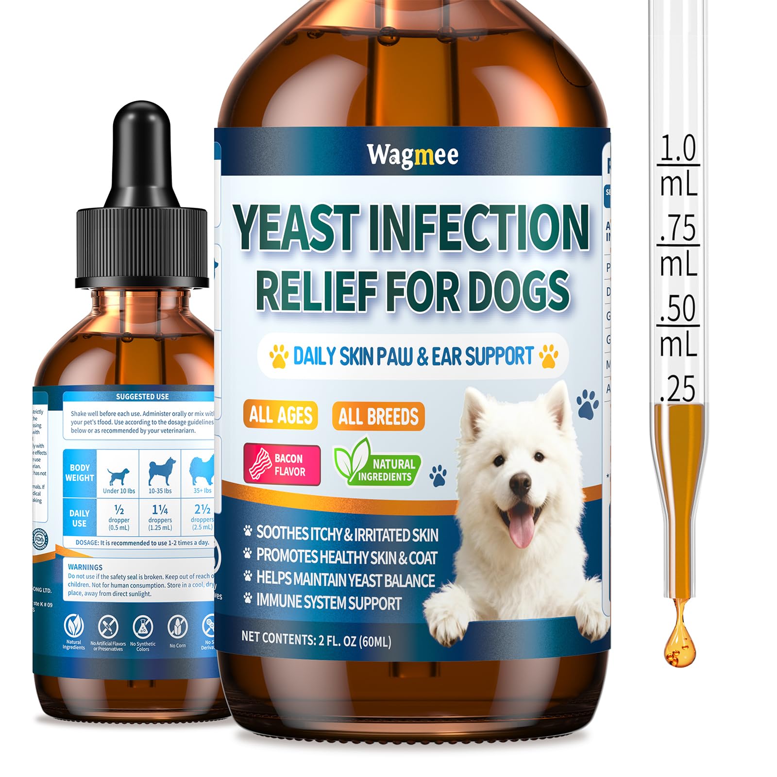 Natural Yeast Relief for Dogs, Supports Itch & Allergy Relief, Eases Ear Paw Discomfort for Dog, Supports Immune System Yeast Inflammation – 60ml Bacon Flavor