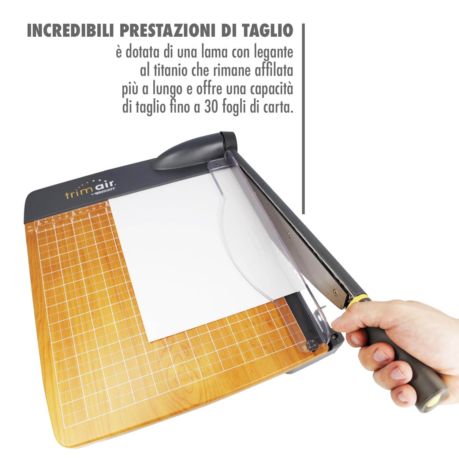 Westcott TrimAir Taglierina per carta 15" (38 cm) | Con anima in legno e lama rivestita in titanio | Taglierina a leva con griglia e scala graduata per un massimo di 30 fogli | 15107