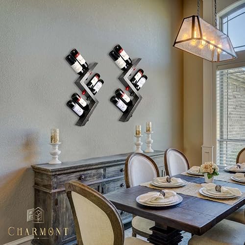 Miniatura 3 de Charmont Estante de madera para vino montado en la pared, soporte rústico de vino en zigzag - Soporte para botellas de vino para bar, almacenamiento