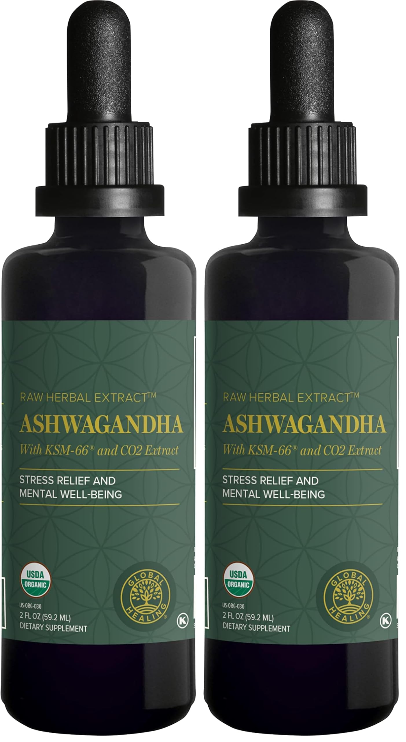 Global Healing Center - Organic Ashwagandha Supplements Drops - KSM-66 Ashwagandha Extra Strength for Men &amp; Women, Helps Promote Relief from Stress, Mood Support, Organic (2 Fl Oz) (Pack of 2)