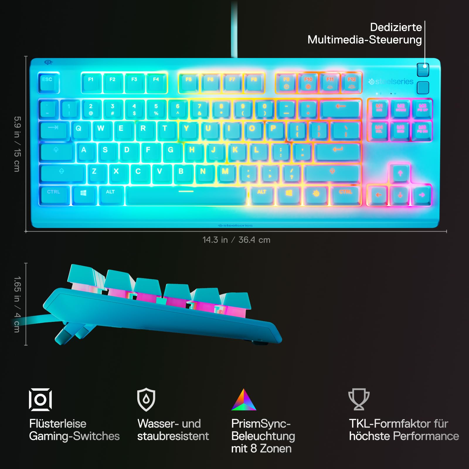 SteelSeries Apex 3 TKL Aqua RGB Gaming-Tastatur – Kompakter Tenkeyless-Formfaktor – 8-Zonen-RGB-Beleuchtung – Wasser- und Staubresistenz – Flüsterleise Gaming-Switches - DE Layout QWERTZ – Bild 3