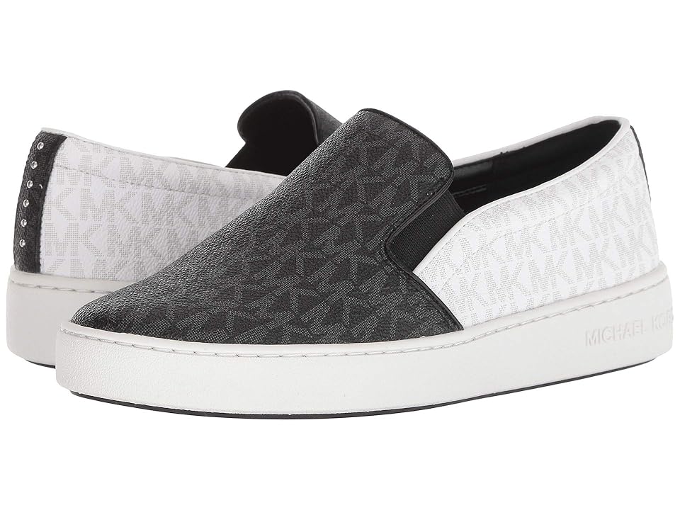 

MICHAEL Michael Kors Keaton Slip-On (Black/White Mini MK Logo Semi Lux/Coated Canvas/Round Studs) Women's Slip on Shoes
