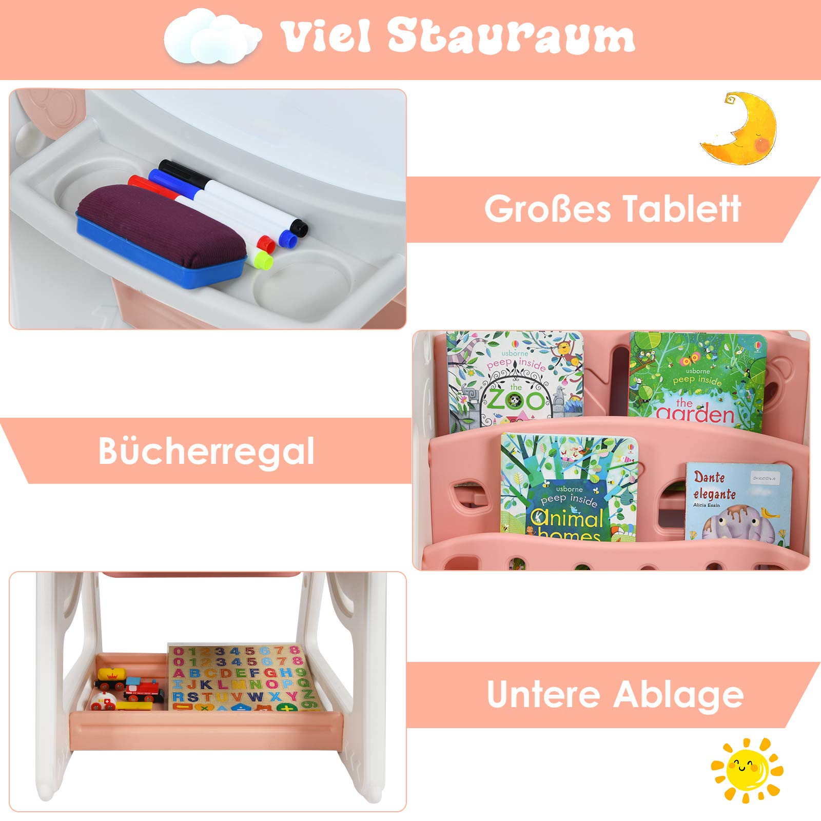 COSTWAY 2 in 1 Kinder Staffelei & Kindersitzgruppe mit Bücherregal, Kindertisch & -stuhl mit Aufbewahrungsablage und klappbarer Tischplatte, Standtafel mit Malzubehör (Orange)