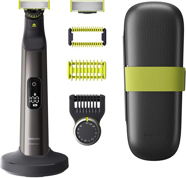 Philips OneBlade Pro 360  Hybrydowa golarka do twarzy i ciała, 1x ostrze 360, 1x nasadka grzebieniowa o 14 długościach, 1x zestaw do ciała, 1x podstawka ładująca, 1x etui podróżne (model QP6651/30)