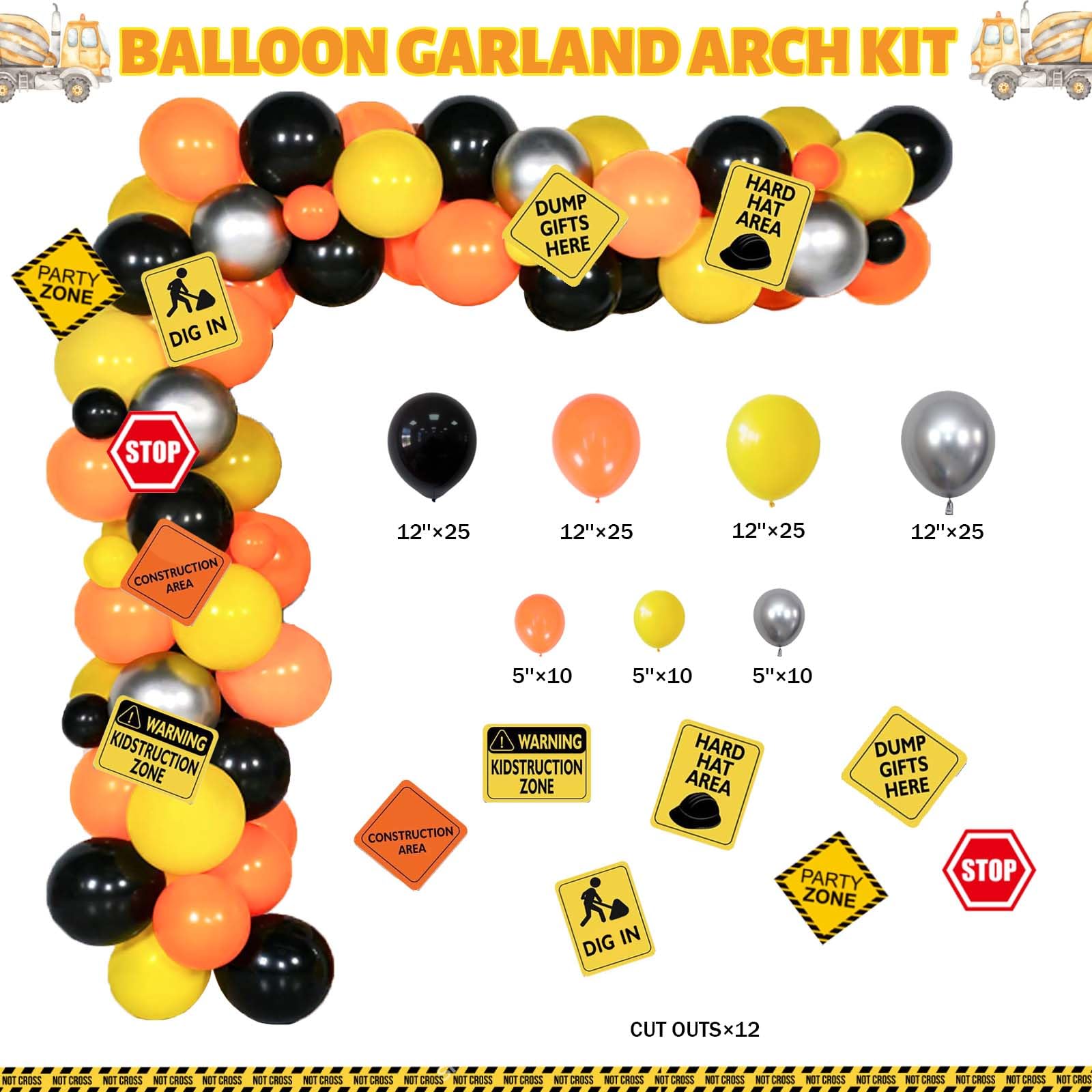 45-Piece Construction Balloon Set - 12 Inch Party Decor For Kids Construction Theme - View #7