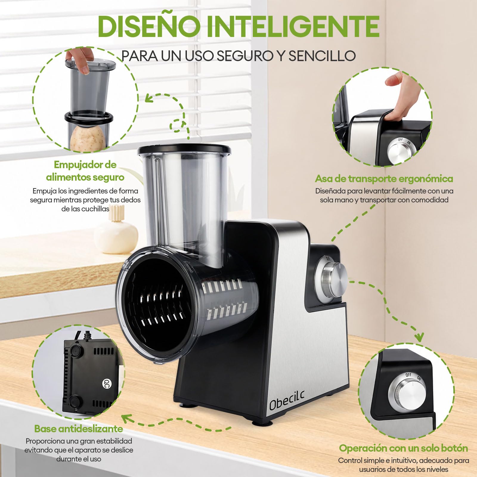 Rallador de queso eléctrico con 7 cuchillas de acero inoxidable para cortar rallador y triturar verduras frutas y nueces con un solo toque