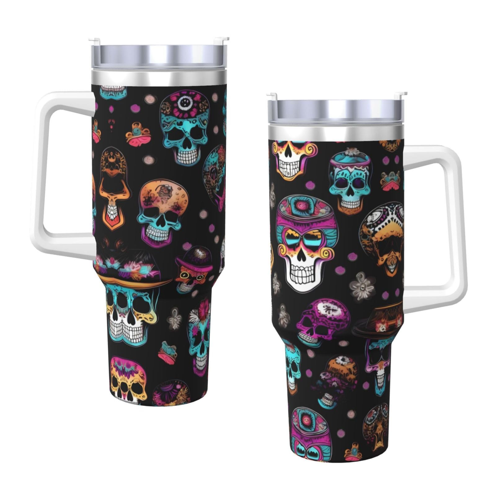 Sugar and Skulls Style Ice Bully Wasserflasche aus Edelstahl, doppelwandig, isoliert, mit Griff und Strohhalm-Deckel, 1,2 l