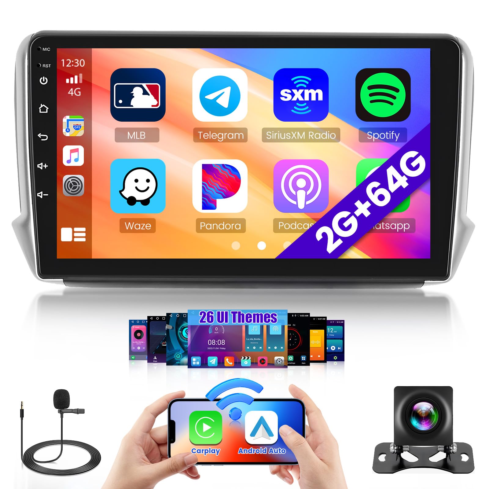 Hikity Android 15 Autoradio pour Peugeot 208/2008 2012-2018 avec 2G+64G | Carplay sans Fil Android Auto 10.1'' Poste Radio avec GPS, WiFi, Bluetooth, Mirror Link, FM/RDS, MIC, SWC, Caméra de Recul